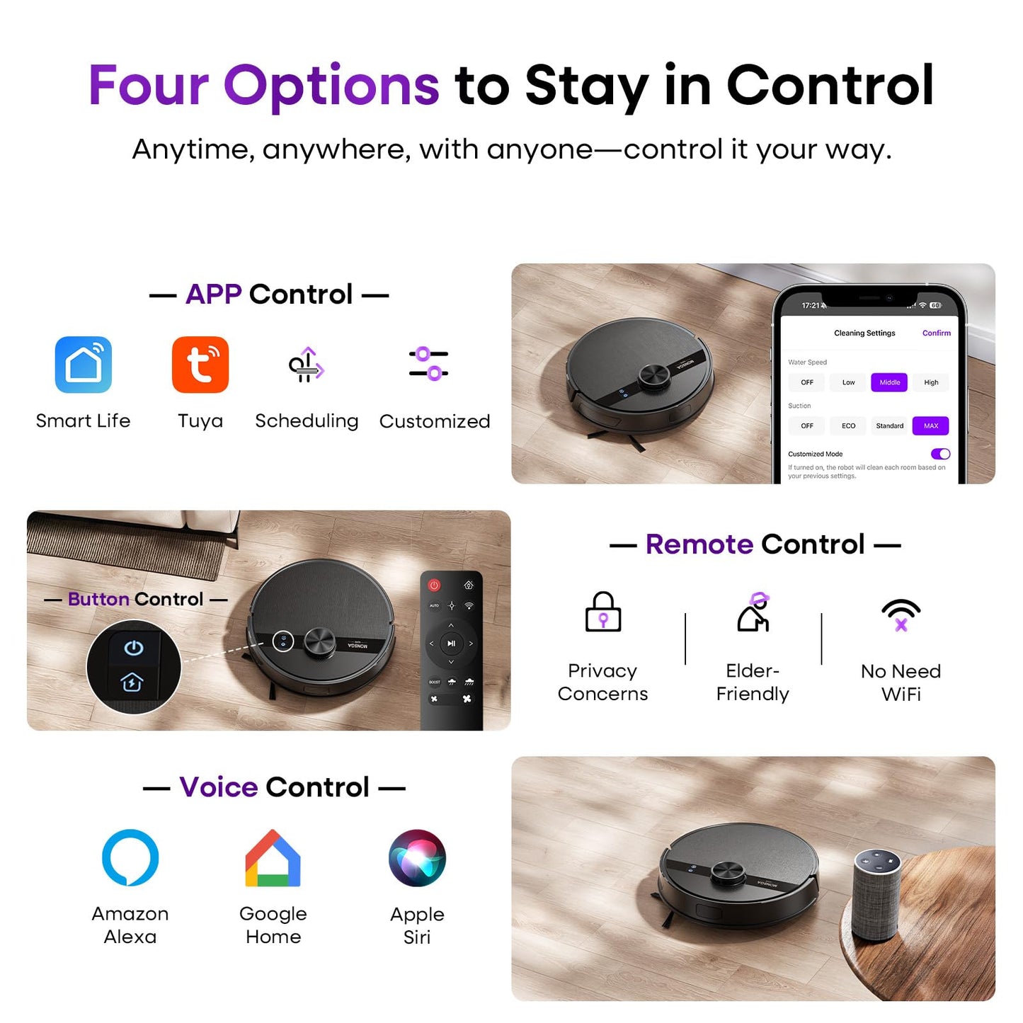 MONSGA MS1 Robot Vacuum Cleaner with Mop, 7000Pa Robotic Vacuum with Lidar Navigation, 180mins Runtime, 5 Editable Maps, APP/Remote/Voice Control, Ideal for Hard Floors and Carpets