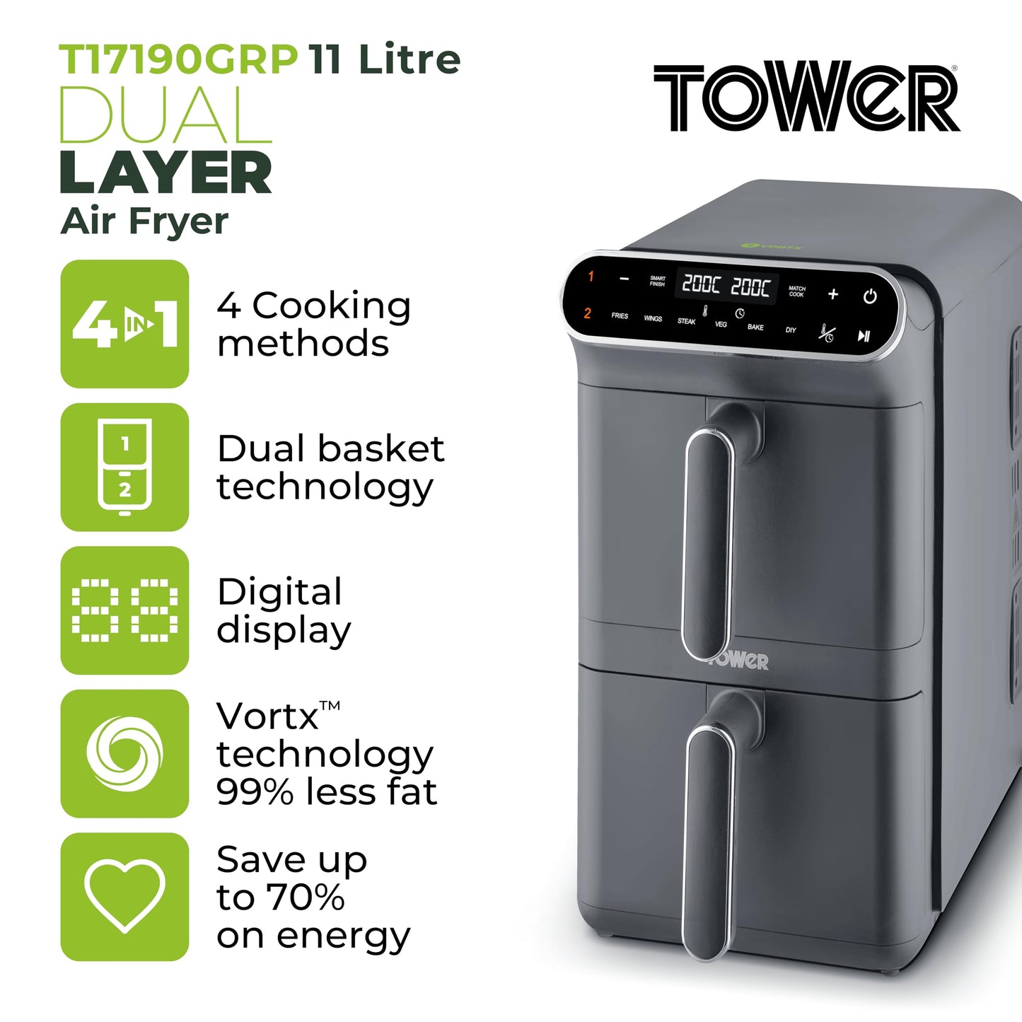Tower Vortx XL Dual Stack Air Fryer with Digital Control Panel, Space Saving Design, 6 Preset Cooking Modes, Match Cook & Smart Finish Functions, 2460W, 11L, Graphite with Chrome Trim, T17190GRP