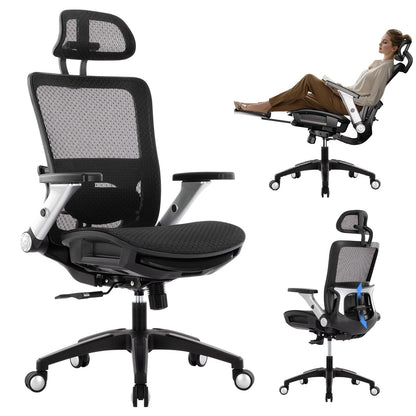 COLAMY Ergonomic Mesh Office Chair with Footrest - High Back Computer Desk Chair with Headrest, 4D Flip-up Armrests, Adjustable Tilt Lock, and Lumbar Support for Ultimate Comfort, Black