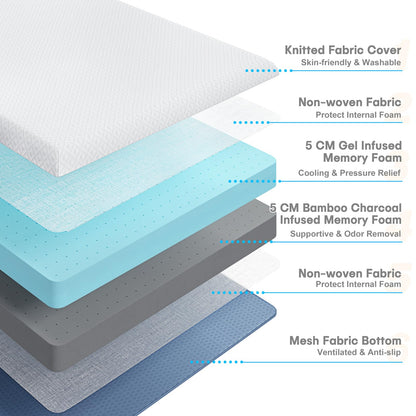 Vesgantti 4 Inch Memory Foam Mattress Topper King Size, Gel & Bamboo Charcoal Infused Bed Topper for Cooling Sleep & Pressure Relieving, with Washable Cover-150 x 200 x 10CM