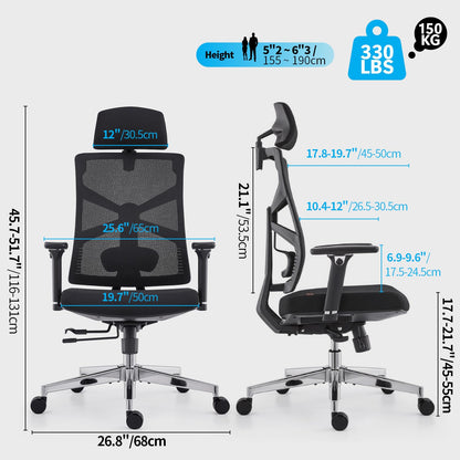 HOLLUDLE Ergonomic Office Chair with Adaptive Backrest, High Back Computer Desk Chair with 4D Armrests, Adjustable Seat Depth, Lumbar Support and 2D Headrest, Swivel Task Chair, Black
