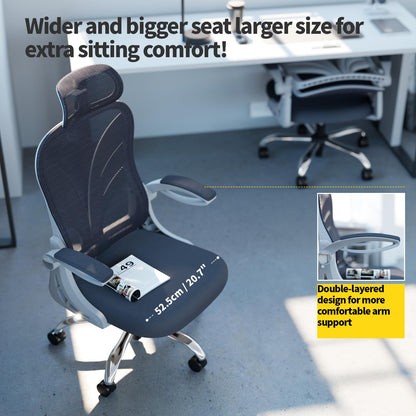 HOLLUDLE Office Chair with Folding Backrest, Ergonomic Computer Chair with 2D Headrest, Folding Armrests and Mesh Lumbar Support Office Seat, White
