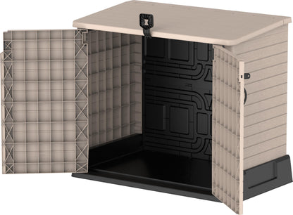 Duramax Cedargrain StoreAway 850L Plastic Garden Storage Shed - Outdoor Storage Shed, Wheelie bin box, Durable Construction, Ideal for Tools, BBQs & 2x 120L Garbage Bins, 130x74x110 cm, Warm Taupe