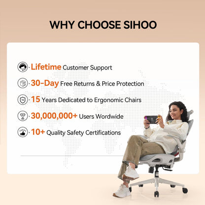 SIHOO B100 Ergonomic Office Chair, Comfy Desk Chair with Adaptive Dynamic Lumbar Support, Computer Chair with Extra Wide Headrest, Flip-Up Armrests, 90-135° Tilt Lock and Breathable Mesh Cushion