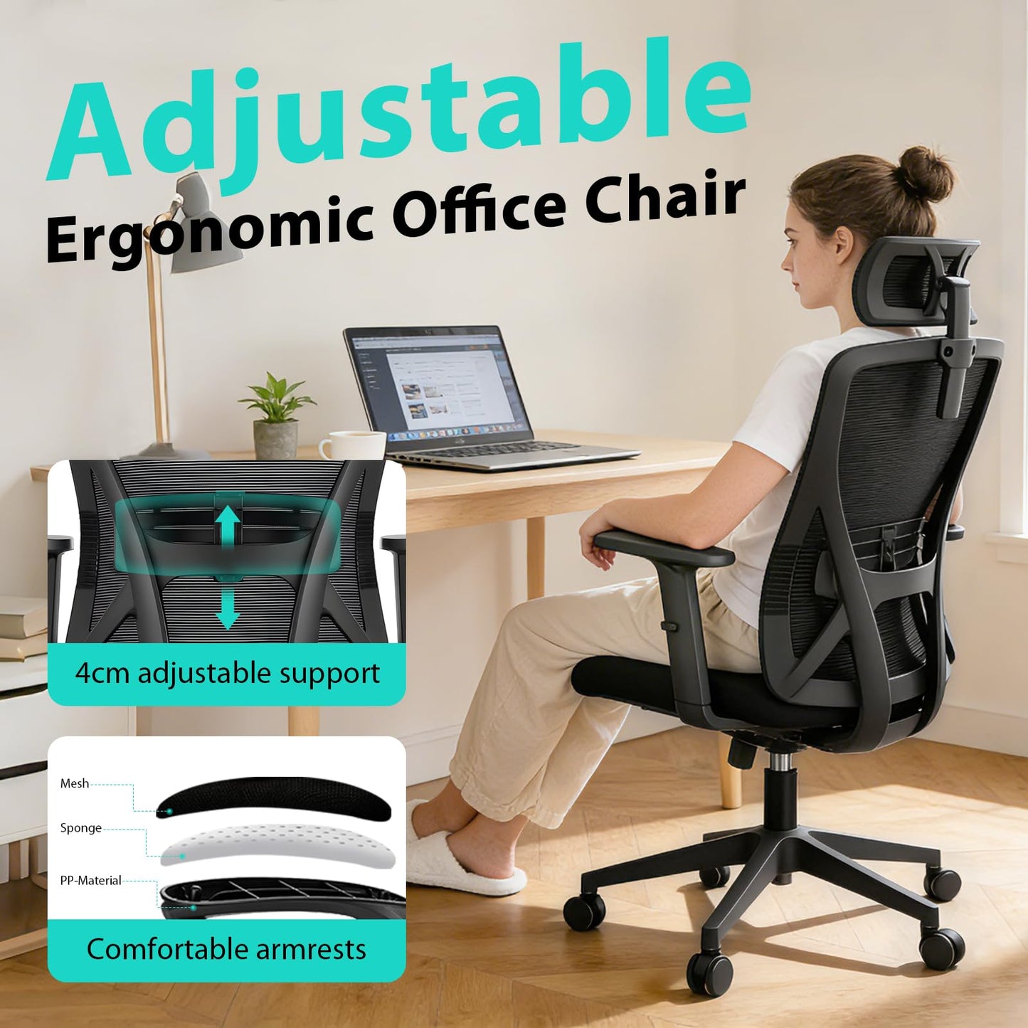 Durrafy Ergonomic Office Chair, Desk Chair with Adjustable Lumbar Headrest and Armrest, Office Chairs Support up to 150 kg, Breathable and Comfortable Mesh Swivel Chair for Home/Office, Black