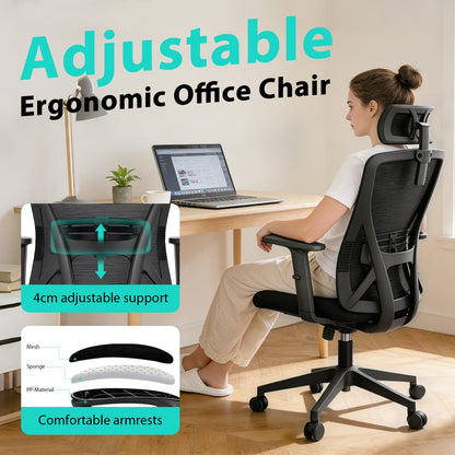 Durrafy Ergonomic Office Chair, Desk Chair with Adjustable Lumbar Headrest and Armrest, Office Chairs Support up to 150 kg, Breathable and Comfortable Mesh Swivel Chair for Home/Office, Black