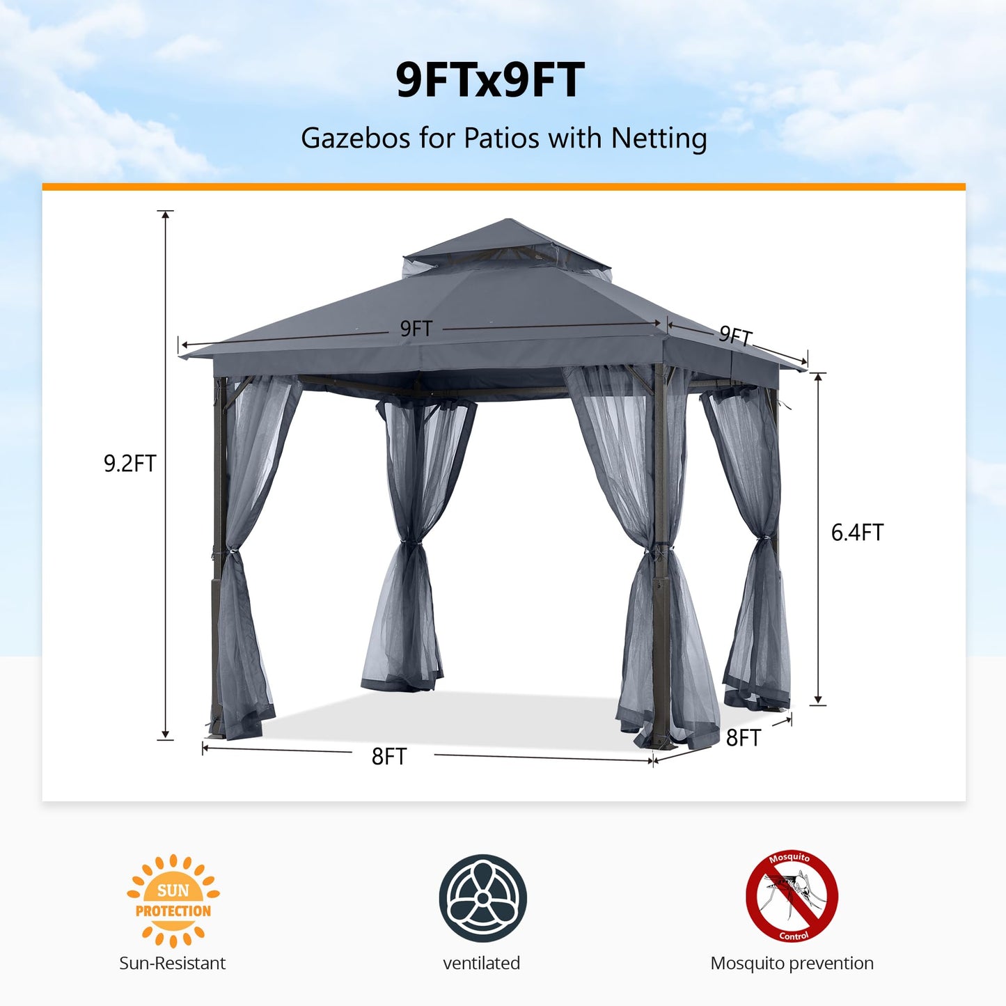ABCCANOPY 2.5x2.5M Gazebos for Patios Double Roof Soft Canopy Garden Backyard Outdoor Gazebo for Shade and Rain (Grey)