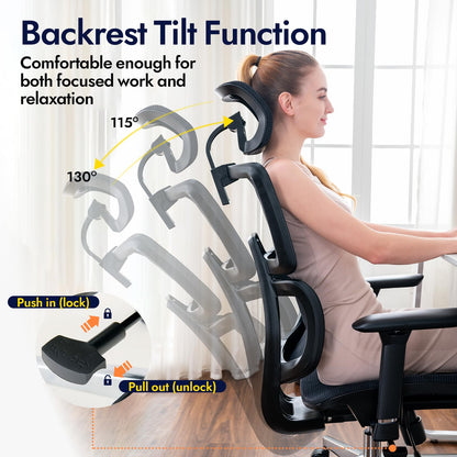 TONFARY Ergonomic Office Chair - Breathable High Back Armchair with Mesh Lumbar Support, 130° Tilt Backrest, Adjustable Seat Depth & 3D Armrest - Big and Tall, Swivel Rolling, Supports Up to 330 LBS