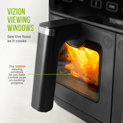 Tower Vortx Vizion 9L Dual Basket Air Fryer with Digital Control Panel, 8 Cooking Pre-sets, Sync Function & Match Cook Function, Shake Reminder, 2400W, Black, T17177
