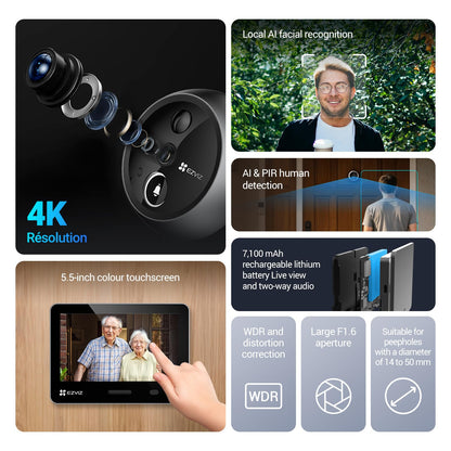 EZVIZ 4K AI Smart Peephole Camera Wireless Door Viewer, Facial Recognition Human Detection, 155° Wide View WDR, Two-Way Talk Weatherproof, 512G Storage No Monthly Fee, Easy Install 14–50mm Doors (EP4)