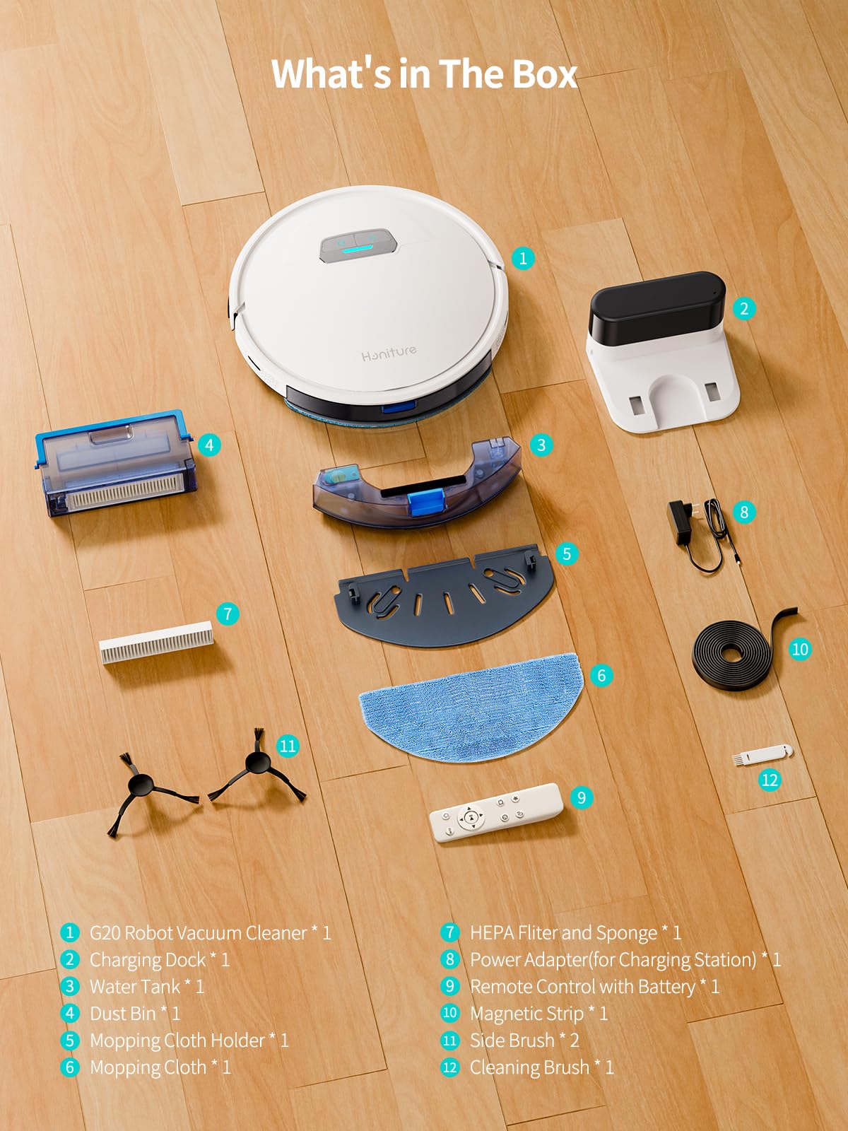 HONITURE Robot Vacuum Cleaner with Mop, G20 Robotic Vacuums with Mapping, 7000Pa Strong Suction, Carpet Booster, Wi-Fi/APP/Alexa/Remote, Ideal for Pet Hair, Hard Floor and Carpet, 7.6cm Thin