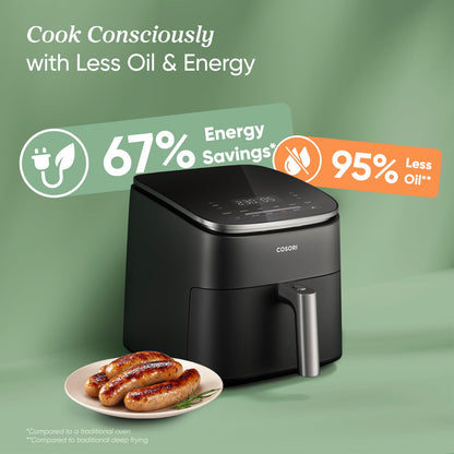Cosori Air Fryer TurboBlaze 6L, Serves 3–6, 9-in-1 Fast & Energy-Saving, 5 Fan Speeds, 30–230°C, Quiet,Non-stick, Dishwasher-Safe, Recipe Book Included