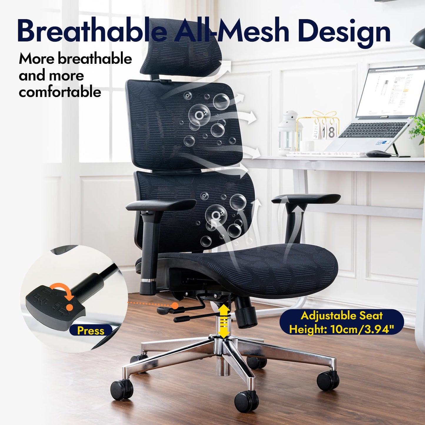 TONFARY Ergonomic Office Chair - Breathable High Back Armchair with Mesh Lumbar Support, 130° Tilt Backrest, Adjustable Seat Depth & 3D Armrest - Big and Tall, Swivel Rolling, Supports Up to 330 LBS