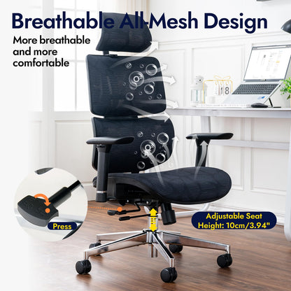 TONFARY Ergonomic Office Chair - Breathable High Back Armchair with Mesh Lumbar Support, 130° Tilt Backrest, Adjustable Seat Depth & 3D Armrest - Big and Tall, Swivel Rolling, Supports Up to 330 LBS