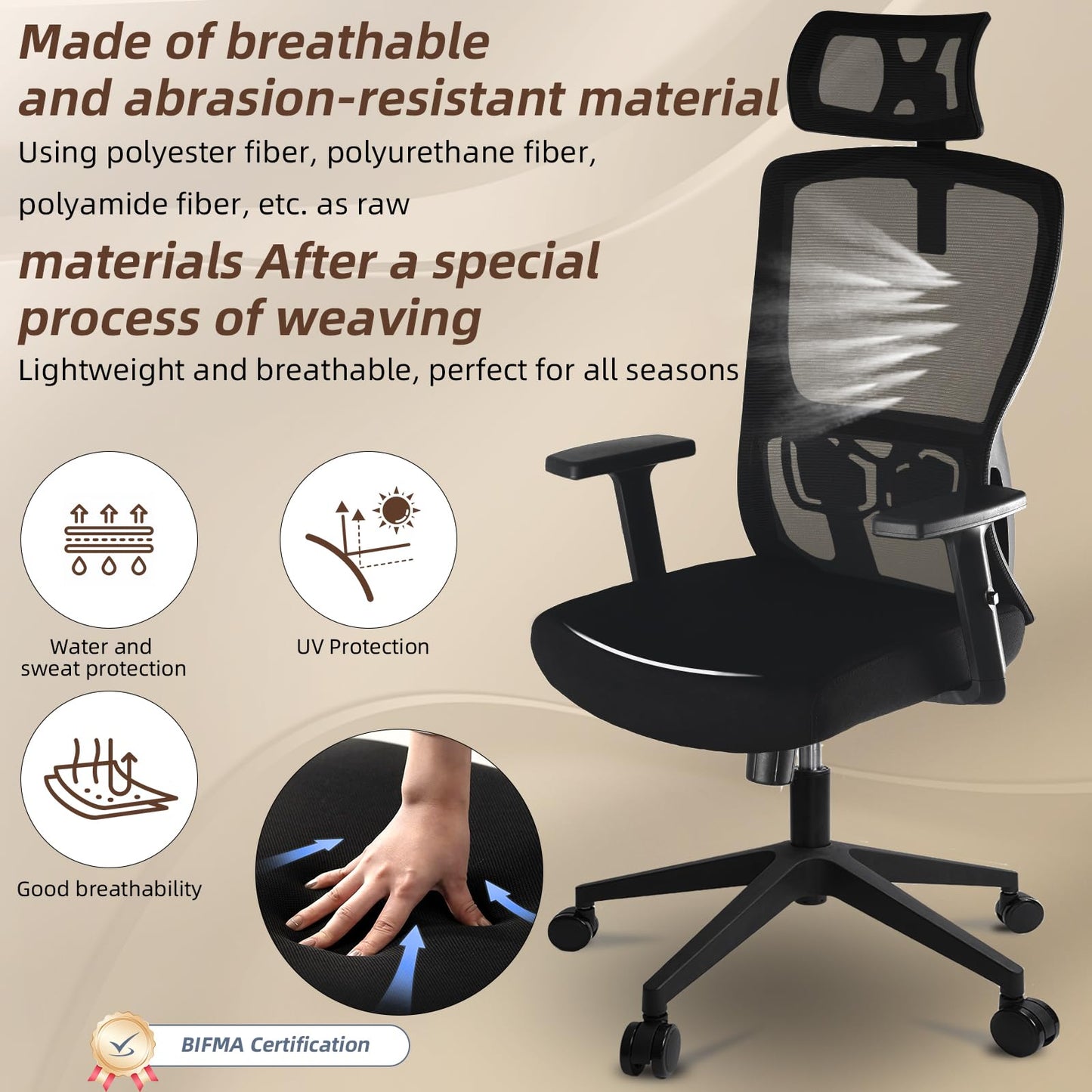 Durrafy Office Chair, Desk Chair with Adjustable Headrest, Lumbar support and Liftable Armrest, High Back Ergonomic Office Chair, Breathable Mesh Backrest for Comfy, Computer Chair for Home/Office