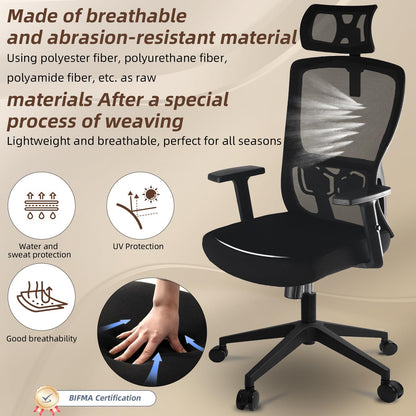 Durrafy Office Chair, Desk Chair with Adjustable Headrest, Lumbar support and Liftable Armrest, High Back Ergonomic Office Chair, Breathable Mesh Backrest for Comfy, Computer Chair for Home/Office