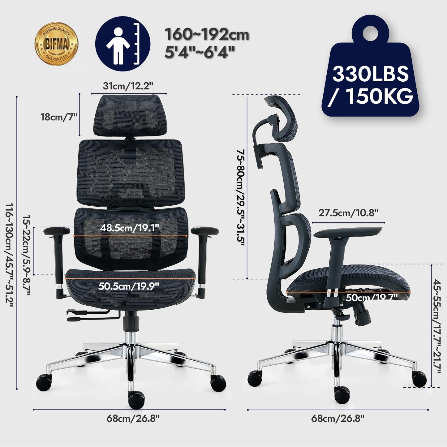TONFARY Ergonomic Office Chair - Breathable High Back Armchair with Mesh Lumbar Support, 130° Tilt Backrest, Adjustable Seat Depth & 3D Armrest - Big and Tall, Swivel Rolling, Supports Up to 330 LBS