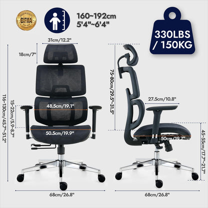 TONFARY Ergonomic Office Chair - Breathable High Back Armchair with Mesh Lumbar Support, 130° Tilt Backrest, Adjustable Seat Depth & 3D Armrest - Big and Tall, Swivel Rolling, Supports Up to 330 LBS