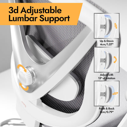 HOLLUDLE Ergonomic Office Chair with 3D Lumbar Support & 3D Adjustable Armrests – V-Back Design, Comfortable Desk Chair for Office & Home, White