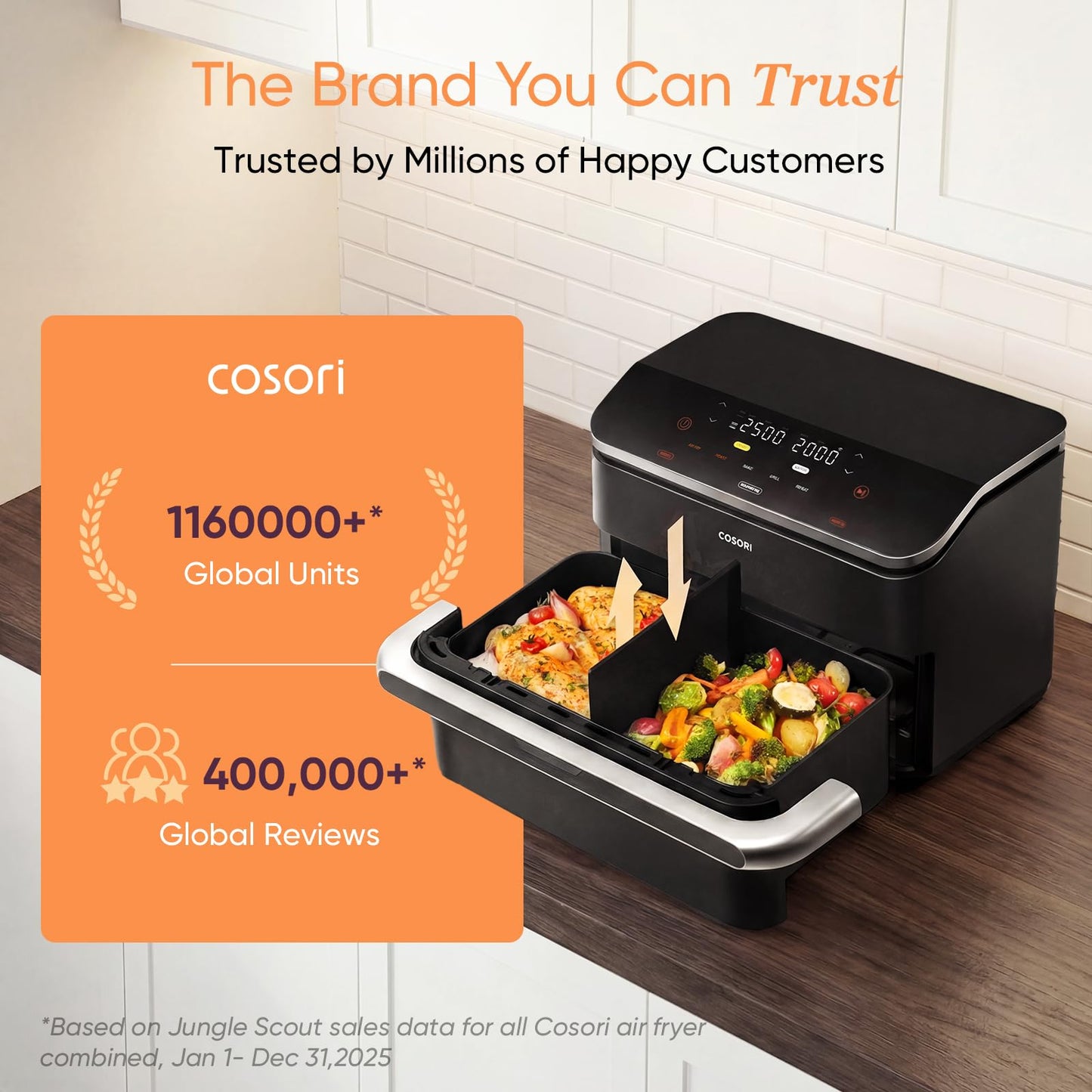 Cosori FlexDrawer Smart Air Fryer with App Control, PFAS-Free Ceramic Coating, Dual Blaze™ Even Cooking, Single & Dual Zone Cooking with Removable Divider, 10L Family Size