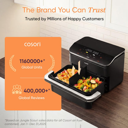 Cosori FlexDrawer Smart Air Fryer with App Control, PFAS-Free Ceramic Coating, Dual Blaze™ Even Cooking, Single & Dual Zone Cooking with Removable Divider, 10L Family Size