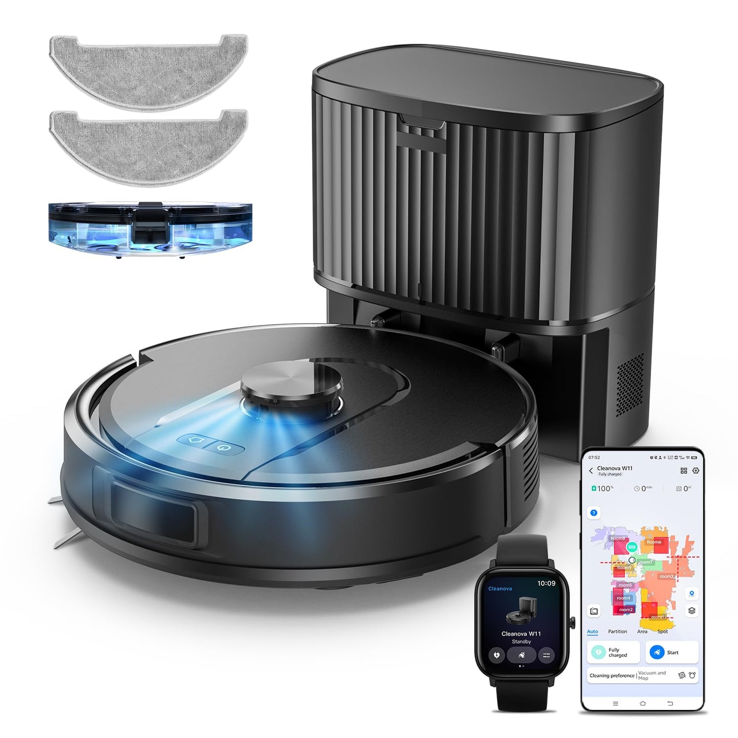 Vexilar Self-Emptying Robot Vacuum Cleaner with Mop, Laser Navigation, Up to 60 Days of Hands-Free Cleaning, 180 Mins Runtime, Strong 10000Pa Suction Robot Vacuum to Clean Floors, Carpets, Pet Hair