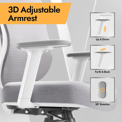 HOLLUDLE Ergonomic Office Chair with 3D Lumbar Support & 3D Adjustable Armrests – V-Back Design, Comfortable Desk Chair for Office & Home, White
