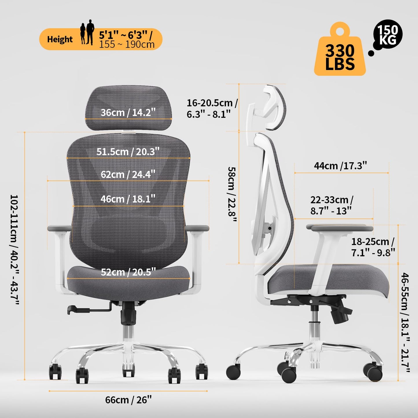 HOLLUDLE Ergonomic Office Chair with 3D Lumbar Support & 3D Adjustable Armrests – V-Back Design, Comfortable Desk Chair for Office & Home, White