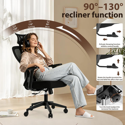 Durrafy Office Chair, Desk Chair with Adjustable Headrest, Lumbar support and Liftable Armrest, High Back Ergonomic Office Chair, Breathable Mesh Backrest for Comfy, Computer Chair for Home/Office
