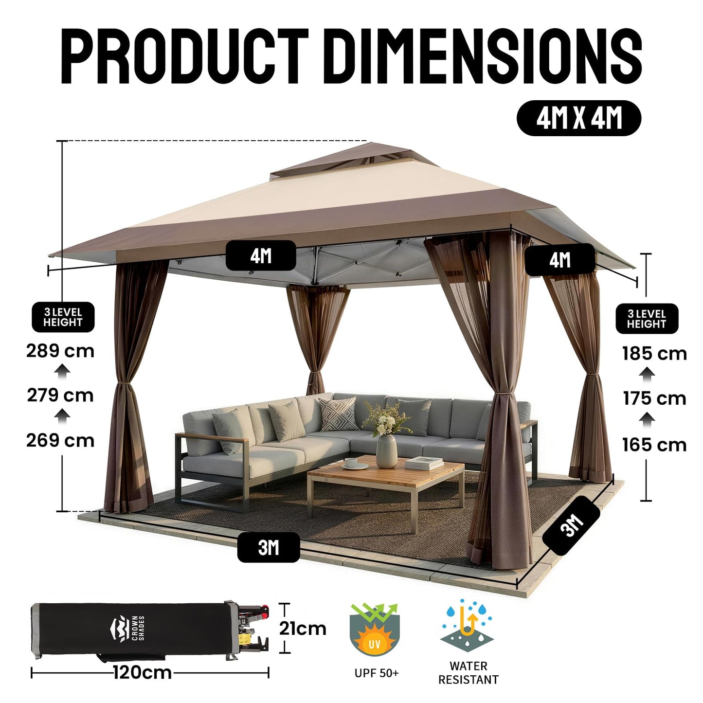 CROWN SHADES 4m x 4m Pop Up Gazebo, Double Roof Pop Up Party Tent Canopy with Zipped Mesh Sides, Height-Adjustable Garden Shelter for Patio & Outdoor Events, Includes Carry Bag