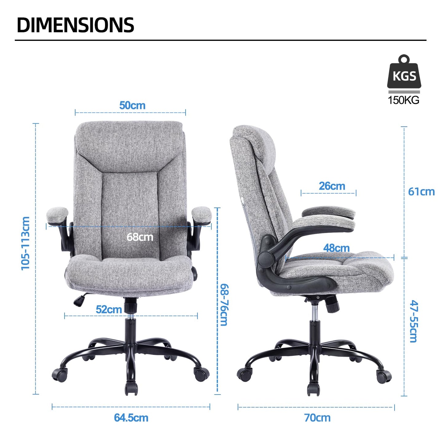 MZLEE Fabric Office Chair for Home Office, Ergonomic Heavy Duty Desk Chair with Flip-up Arms & Lumbar Support, Comfortable Padded Swivel Computer Chair for Bedroom Study, 150KG Capacity, Grey