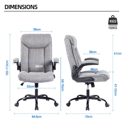 MZLEE Fabric Office Chair for Home Office, Ergonomic Heavy Duty Desk Chair with Flip-up Arms & Lumbar Support, Comfortable Padded Swivel Computer Chair for Bedroom Study, 150KG Capacity, Grey