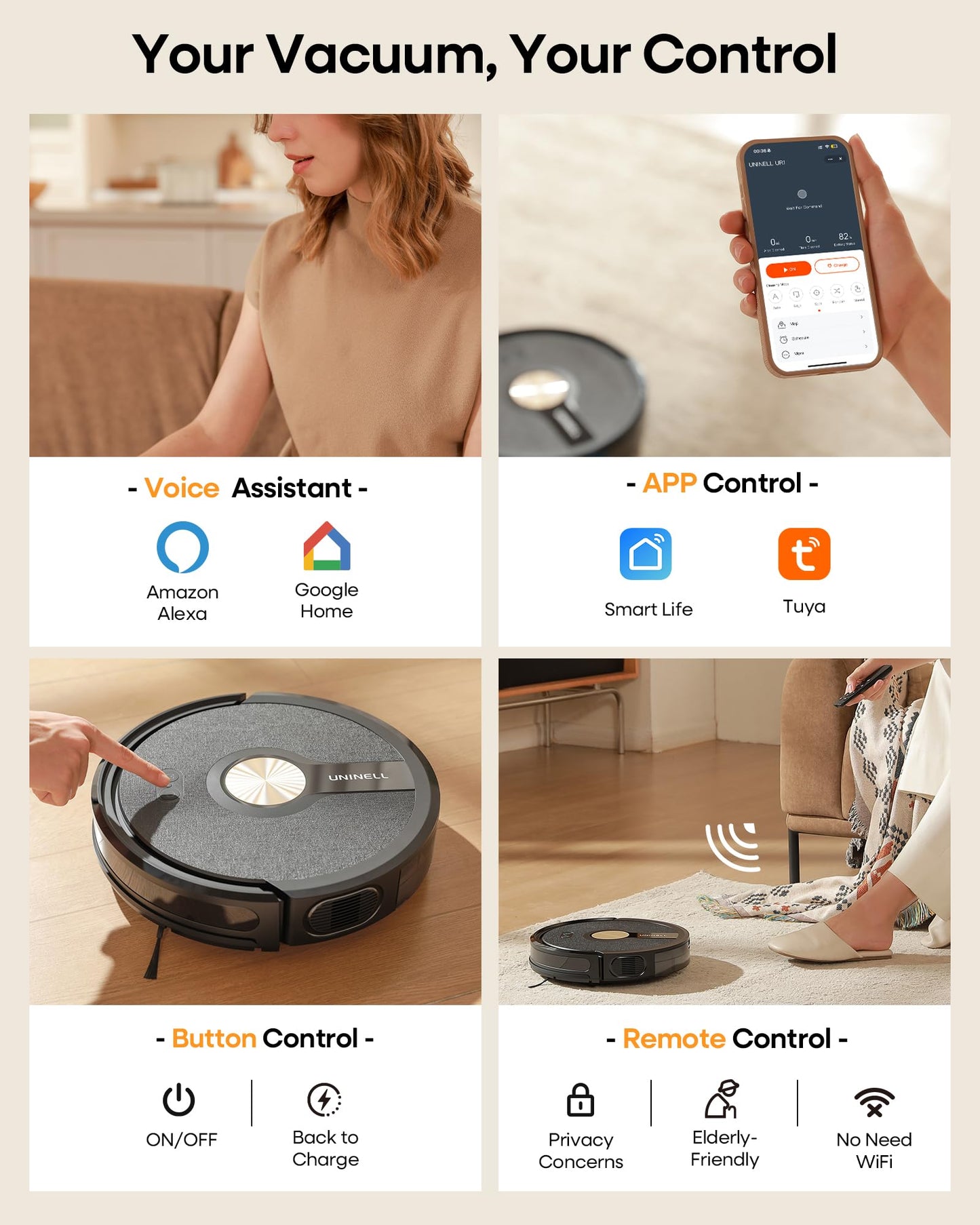 uninell UR1 Robot Vacuum Cleaner with Mop, Robotic Vacuum with 5000Pa Super Suction, 180min, Ultra Slim with Auto Carpet Boost, APP Remote Voice Control, Ideal for Carpets Hard Floors Pet Hair