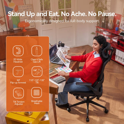 SIHOO B100 Ergonomic Office Chair, Comfy Desk Chair with Adaptive Dynamic Lumbar Support, Computer Chair with Extra Wide Headrest, Flip-Up Armrests, 90-135° Tilt Lock and Breathable Mesh Cushion