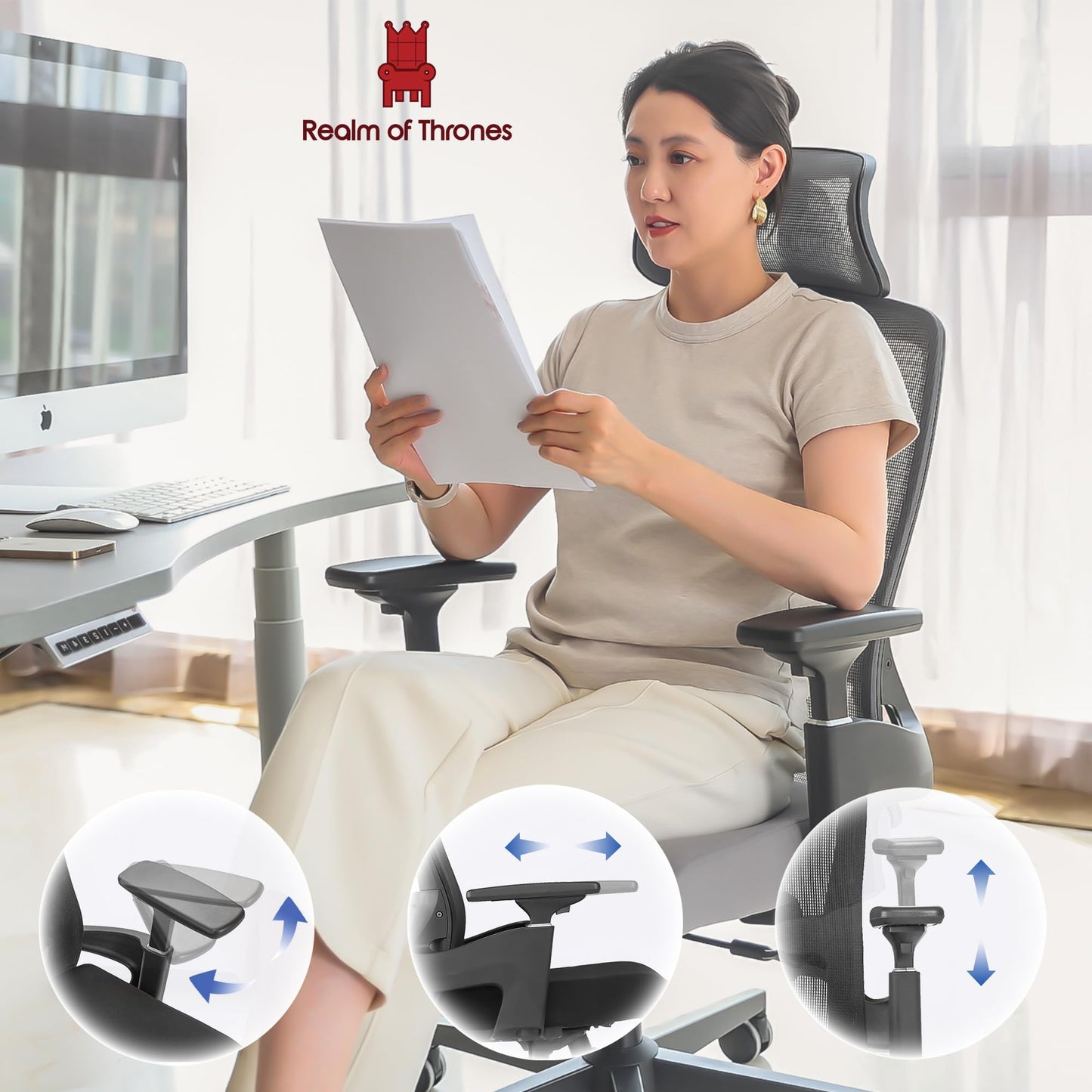 Realm of Thrones AVALON Ergonomic Office Chair for Home, Gaming Desk Chair, 3D Headrest/High Back Mesh/Comfort Cushion Seat/3D Armrests/Adjustable Lumbar Support/Heavy Duty Steel Base (Black)
