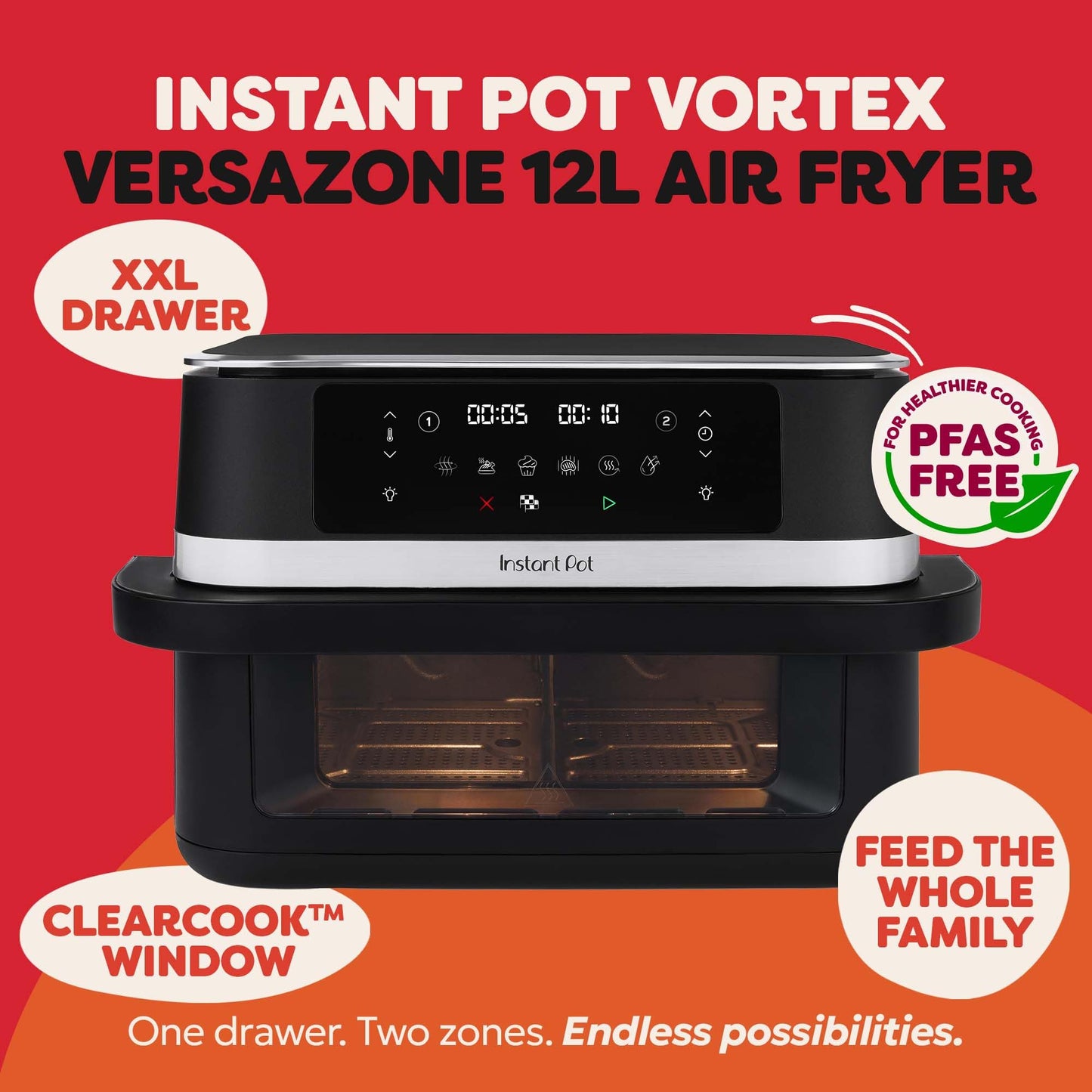 Instant Pot Vortex VersaZone 12L Air Fryer, PFAS Free, Large, Twin 6L Baskets, 8-in-1, Dehydrate, Grill, Bake, Roast, Reheat, Easy Clean, Dishwasher Safe, Black Pepper