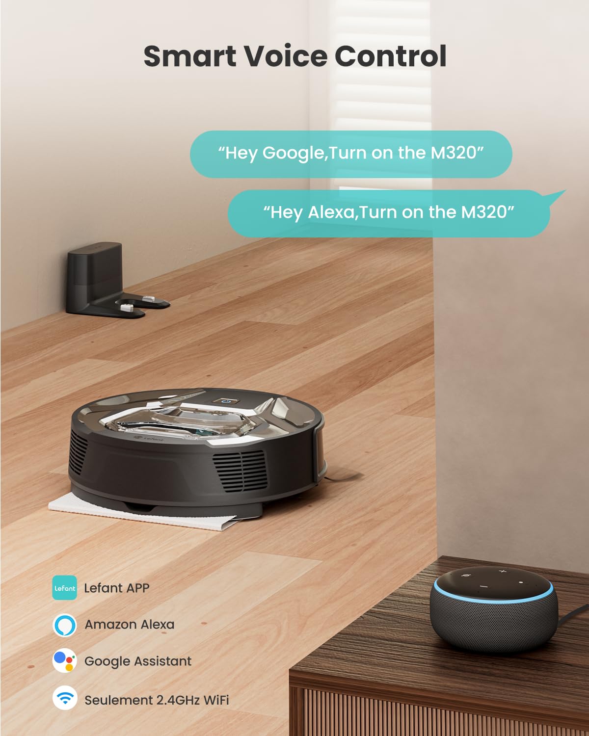 Lefant M320 Robot Vacuum, 6000Pa Strong Suction, 7.9cm Slim, 28cm DIA, 210min Runtime, Automatic Carpet Detection, Disposable Mop Pads, 2.4G Wi-Fi, Alexa/APP Control, Ideal for Pet Hair & Hard Floors