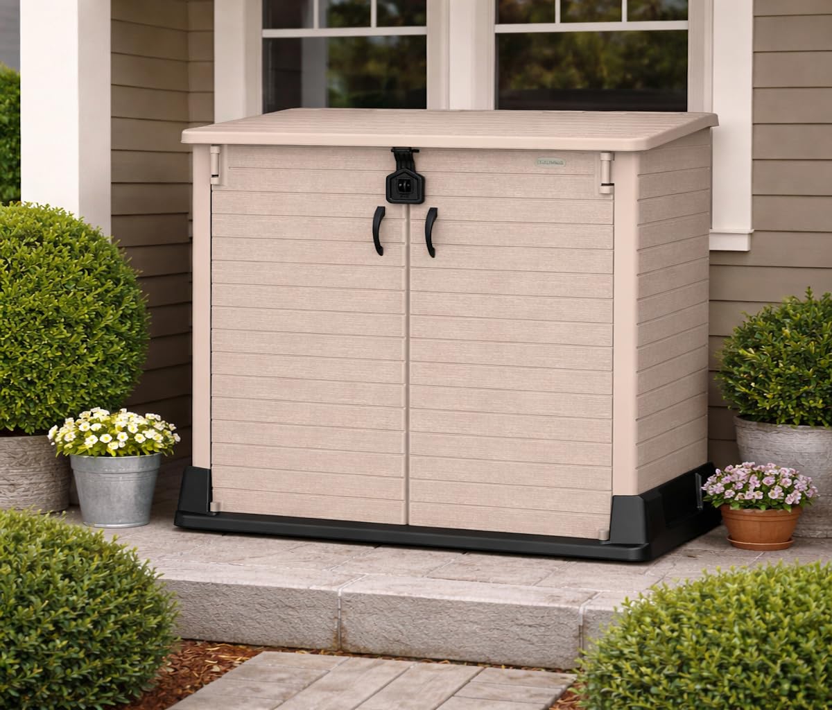Duramax Cedargrain StoreAway 850L Plastic Garden Storage Shed - Outdoor Storage Shed, Wheelie bin box, Durable Construction, Ideal for Tools, BBQs & 2x 120L Garbage Bins, 130x74x110 cm, Warm Taupe