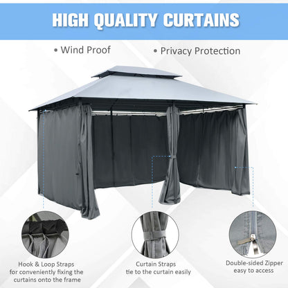 Outsunny 4m x 3(m) Garden Gazebo, Double Roof Outdoor Gazebo Canopy Shelter with Curtains, Solid Steel Frame for Patio, Garden, Grey