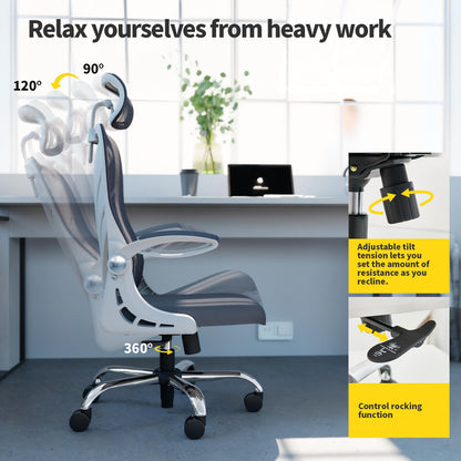 HOLLUDLE Office Chair with Folding Backrest, Ergonomic Computer Chair with 2D Headrest, Folding Armrests and Mesh Lumbar Support Office Seat, White