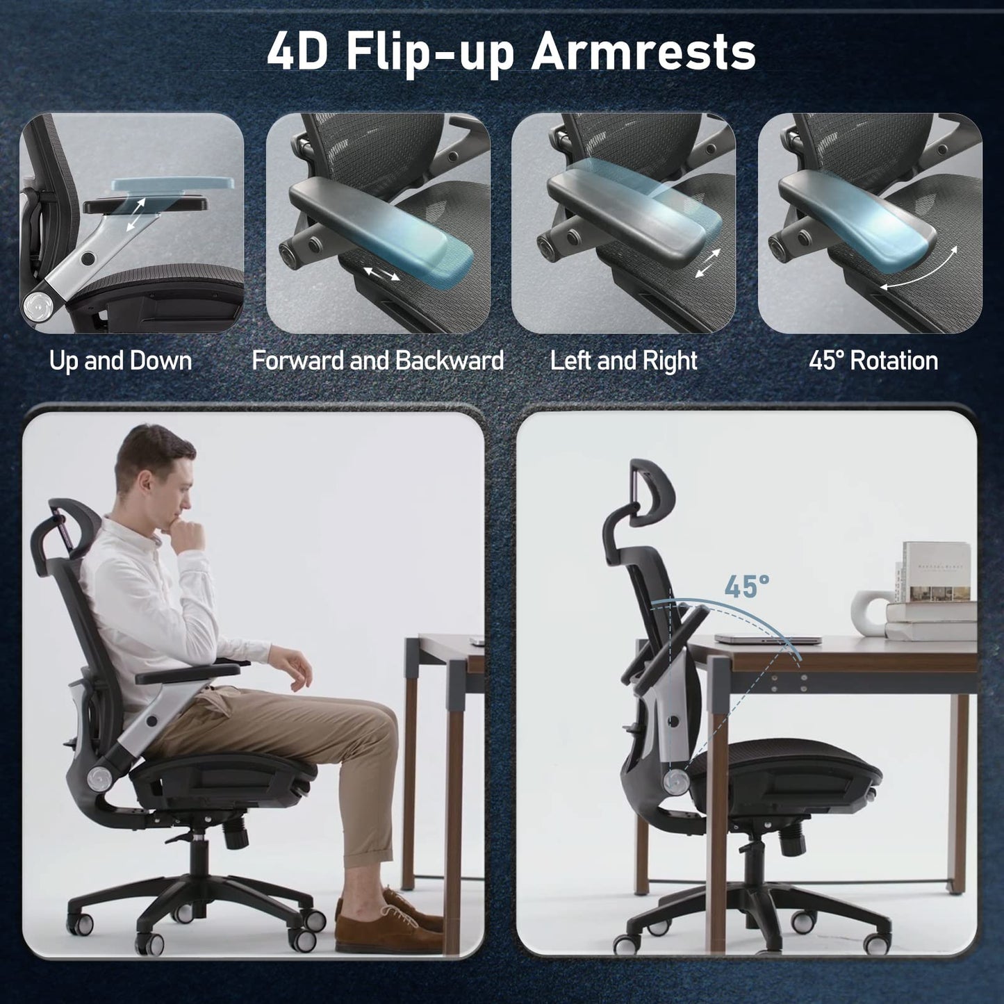 COLAMY Ergonomic Mesh Office Chair with Footrest - High Back Computer Desk Chair with Headrest, 4D Flip-up Armrests, Adjustable Tilt Lock, and Lumbar Support for Ultimate Comfort, Black
