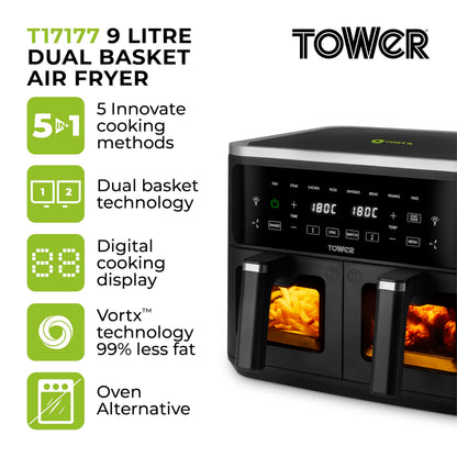 Tower Vortx Vizion 9L Dual Basket Air Fryer with Digital Control Panel, 8 Cooking Pre-sets, Sync Function & Match Cook Function, Shake Reminder, 2400W, Black, T17177