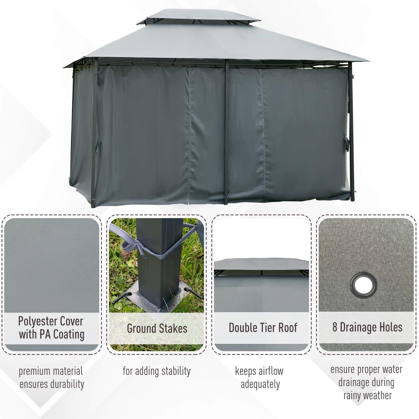 Outsunny 4m x 3(m) Garden Gazebo, Double Roof Outdoor Gazebo Canopy Shelter with Curtains, Solid Steel Frame for Patio, Garden, Grey