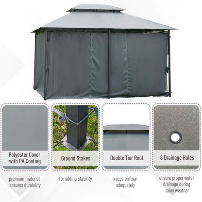 Outsunny 4m x 3(m) Garden Gazebo, Double Roof Outdoor Gazebo Canopy Shelter with Curtains, Solid Steel Frame for Patio, Garden, Grey
