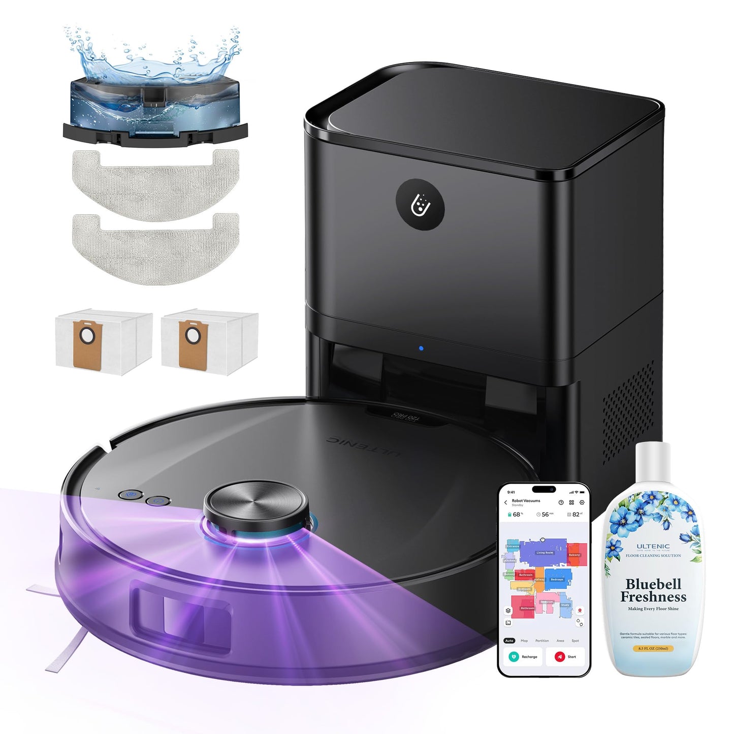 Ultenic Robot Vacuum Cleaner with Mop, Powerful 10000Pa/200 Mins Self-Emptying Robot Vacuum, LiDAR Navigation, 4 in 1 Robotic Vacuum for Pet Hair, Carpet, Hard Floor(T20 Pro+)
