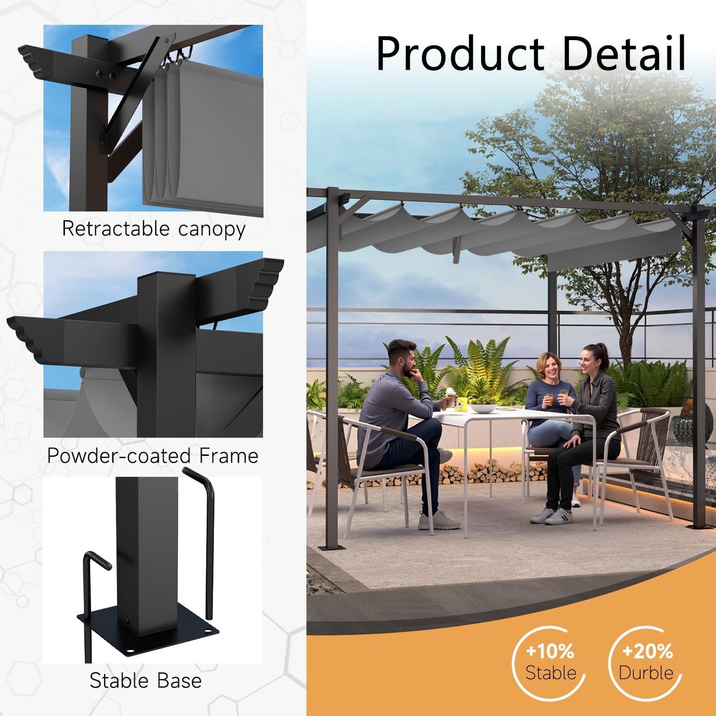 Gazebo, bigzzia Metal Pergola With Retractable Roof,Outdoor Parasol Features Water-Resistant And SPF 15 With PU Coated Canopy,Sun Shade For Garden Party Barbecue Event (Grey, 2.44x2.44M)