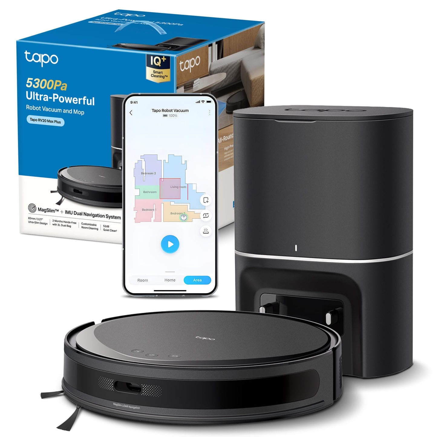 Tapo RV20 Max Plus 5300Pa Suction Robot Vacuum Cleaner with Mop, Ultra-Slim Design, Faster Mapping With MagSlim & LiDAR Navigation Robot Vacuum, Auto-Empty Dock, Voice/Remote Control Robotic Vacuums