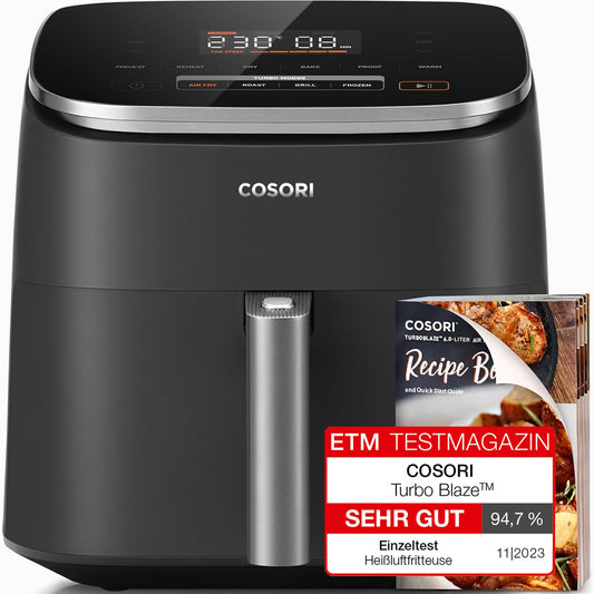 Cosori Air Fryer TurboBlaze 6L, Serves 3–6, 9-in-1 Fast & Energy-Saving, 5 Fan Speeds, 30–230°C, Quiet,Non-stick, Dishwasher-Safe, Recipe Book Included
