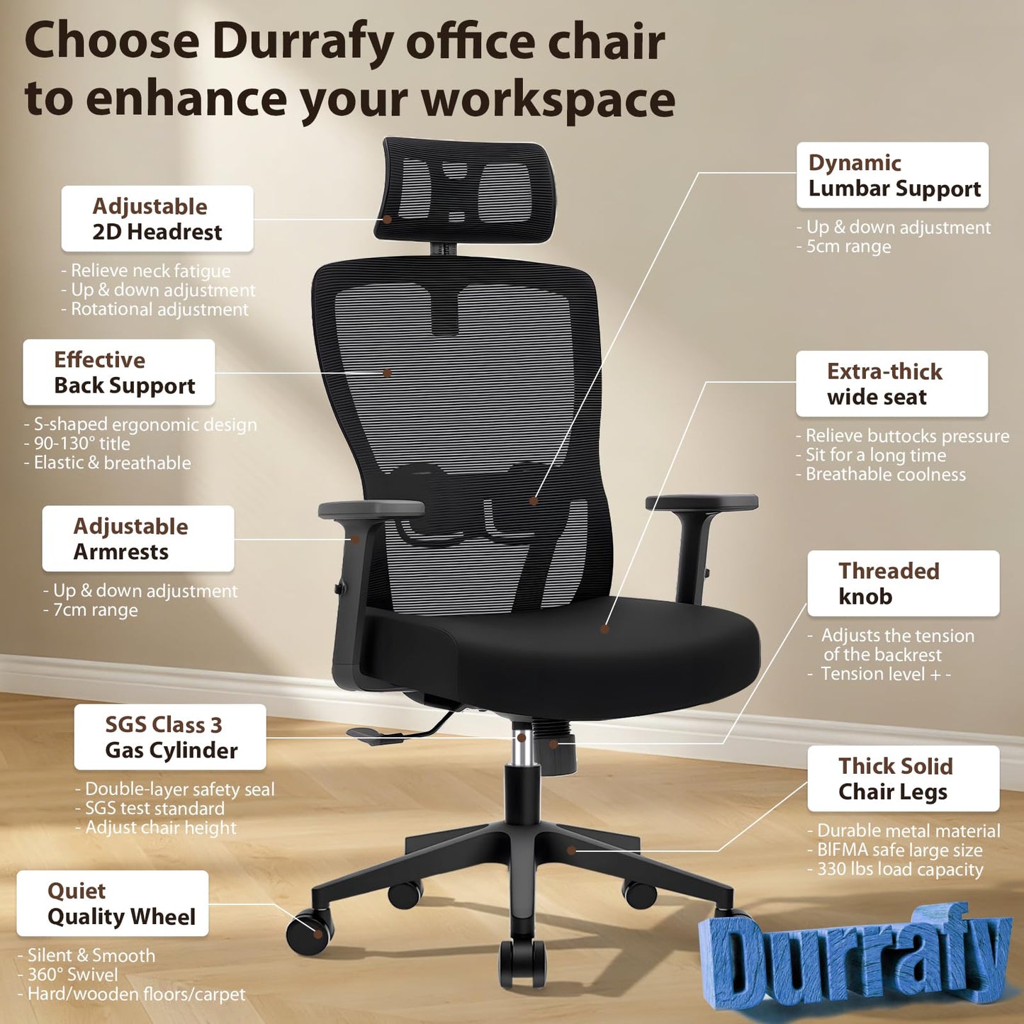 Durrafy Office Chair, Desk Chair with Adjustable Headrest, Lumbar support and Liftable Armrest, High Back Ergonomic Office Chair, Breathable Mesh Backrest for Comfy, Computer Chair for Home/Office