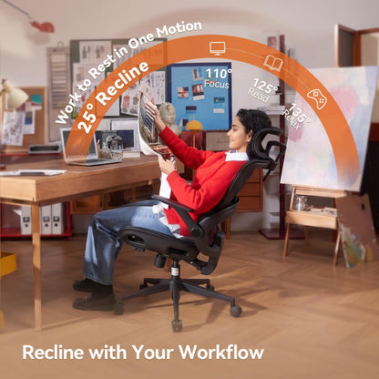 SIHOO B100 Ergonomic Office Chair, Comfy Desk Chair with Adaptive Dynamic Lumbar Support, Computer Chair with Extra Wide Headrest, Flip-Up Armrests, 90-135° Tilt Lock and Breathable Mesh Cushion